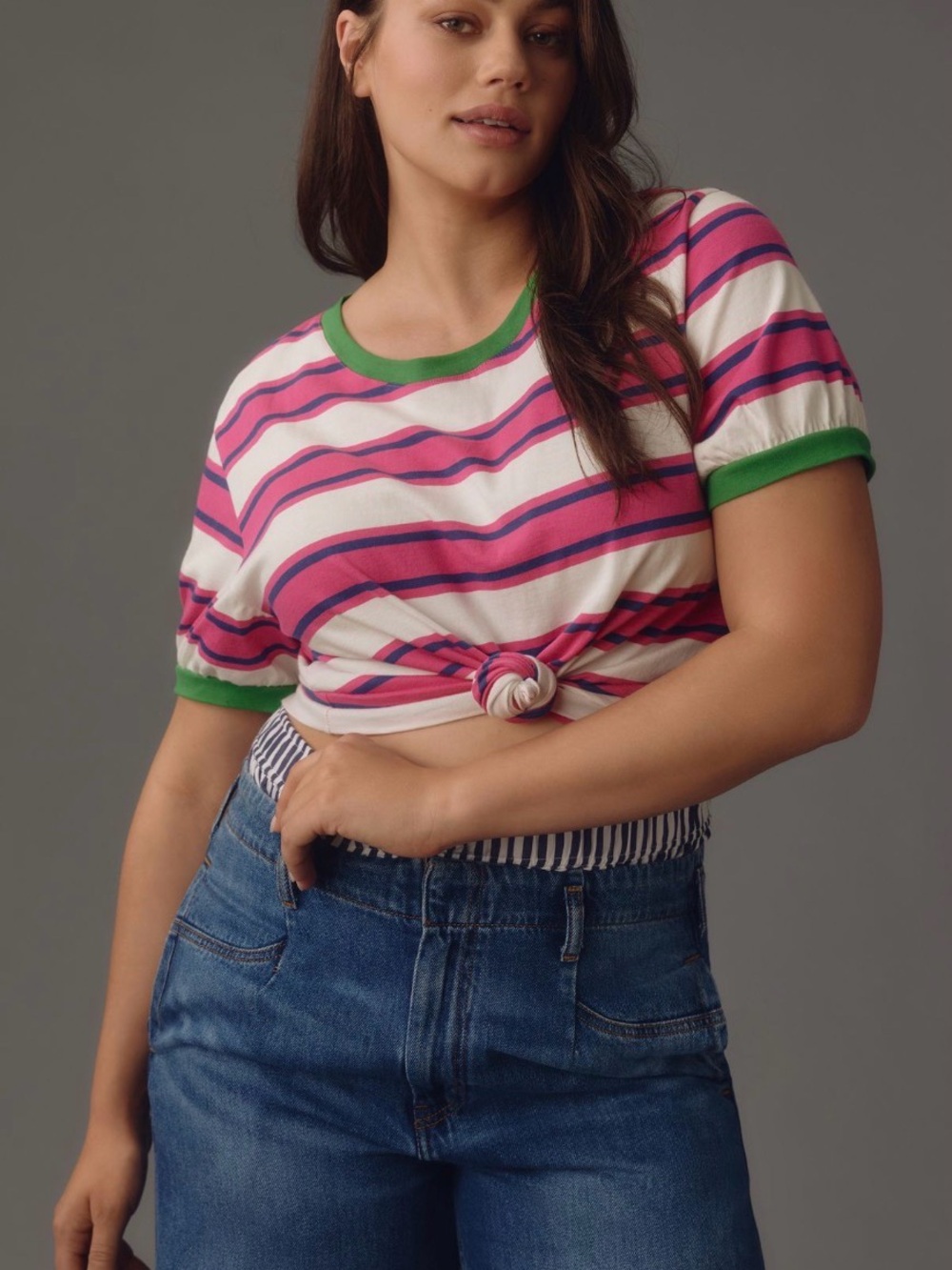Anthropologie Pilcro Striped Pink and Cream Casual Tee with Green Trim